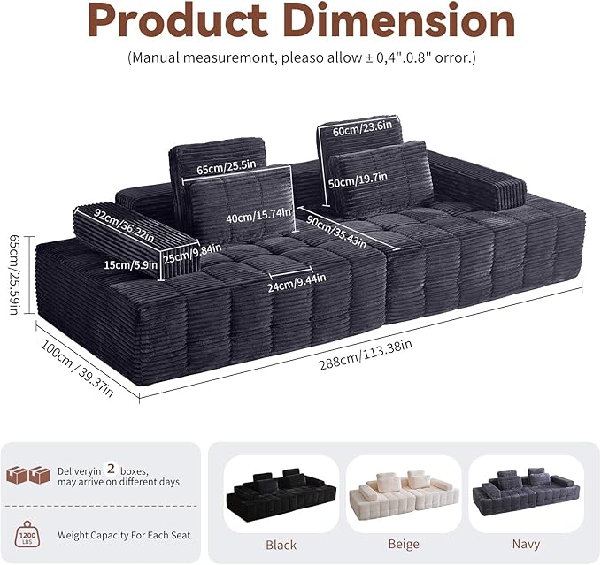 113'' Modular Sectional Boneless Sofa Oversized Chaise Lounge with Deep Seats Modular Cloud Sleeper Sofa No Assembly Required | Boneless Sofa