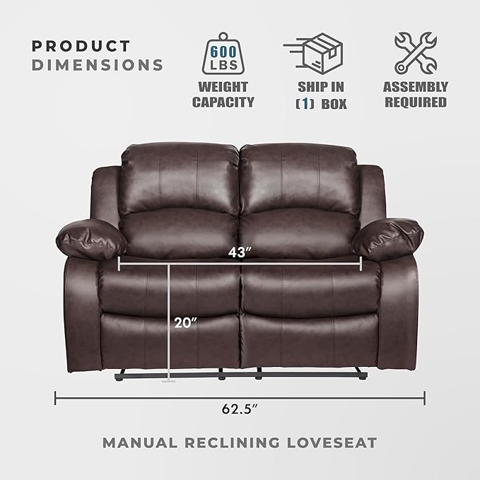 Lexicon Humphreys Loveseat Recliner - Soft Faux Leather Double Reclining Sofa Manual Pull Tab Wall Hugger High-Density Foam Solid Wood Frame Easy Assembly 62.5 W Living Room RV - Brown