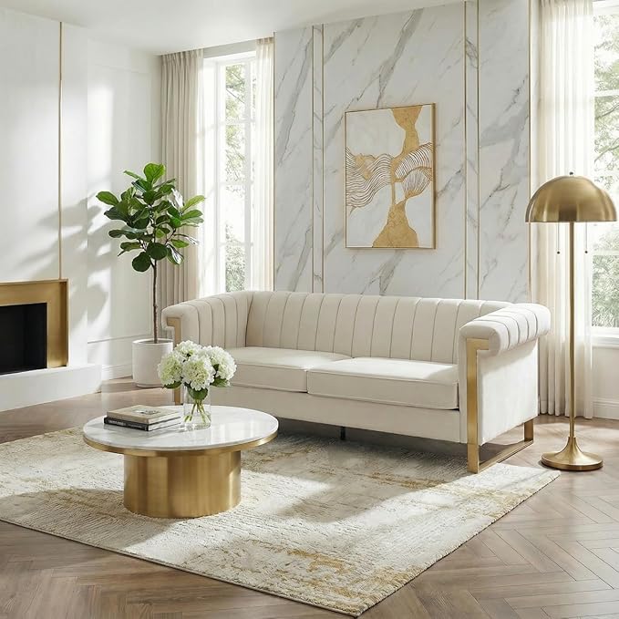Luxury Velvet 3-Seater Sofa Mid-Century Modern Couch with Gold Metal Legs Waterfall Stitched Back Removable Cushions for Living Room Durable &amp Comfortable (Beige)