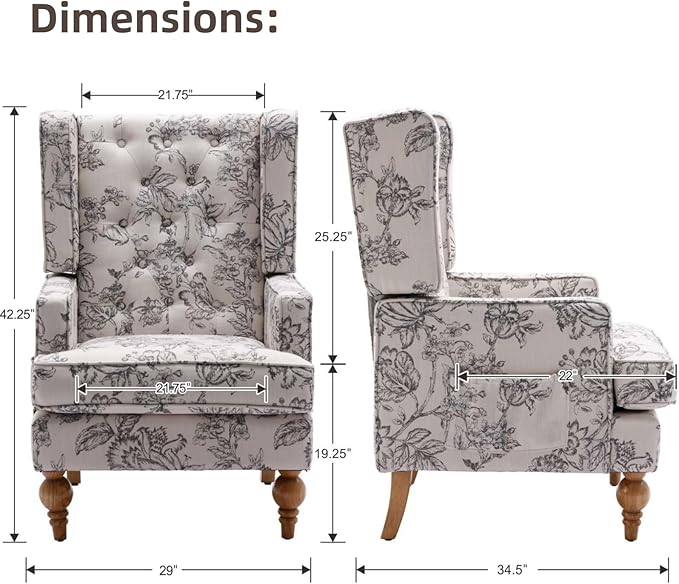 LukeAlon Button Tufted Linen Accent Chair Upholstered Club Chair with Wooden Legs Vintage High Wingback Reading Chair Comfy Armchair with Pocket for Living Room Bedroom Floral Beige