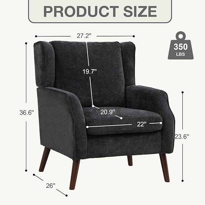 Accent Chair for Living RoomMid Century Modern Wingback Chair for BedroomUpholstered Armchair with Lounge Seat and Wood Legs for Office Apartment Small Room 2PCS Black