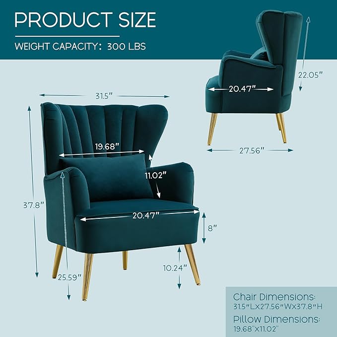 Modern Accent Chair Comfy Wingback Armchair with Pillow Upholstered Shell Chair Reading Chair for Bedroom Living Room Small SpacesDressing Room Light Blue