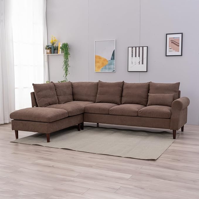 Panana Upholstered Sofa Couch Linen Fabric/Artificial Leather L Shaped Corner Sectional Modern Living Room Sofa (Brown Linen 6 seat Left Corner with Built-in USB Port)