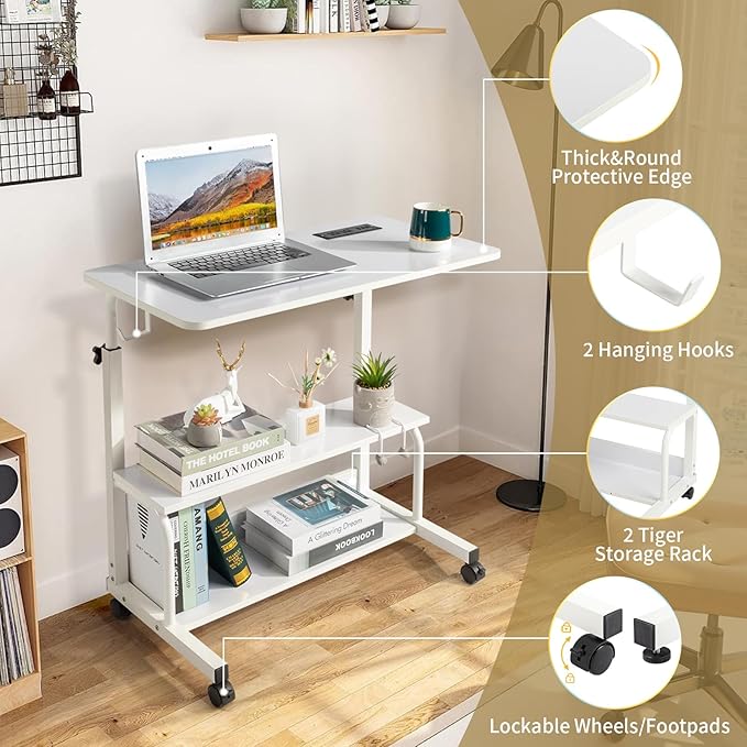 Wooden Adjustable Height Portable Laptop DeskMobile Rolling Computer DeskSofa Bedside Laptop TableHome Office Laptop Workstationwith Power Outletsfor Small Spaces Bedroom Apartment (White)