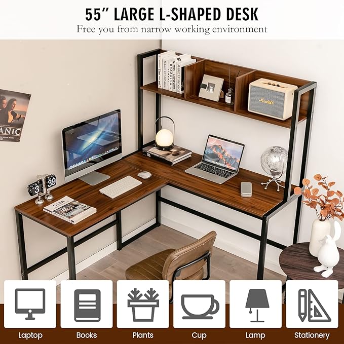 MEDIMALL L-Shaped Desk w/Storage Shelf Reversable Corner Desk Game Table w/Sturdy Metal Frame Multifunctional Computer Desk for Home Office (Walnut)