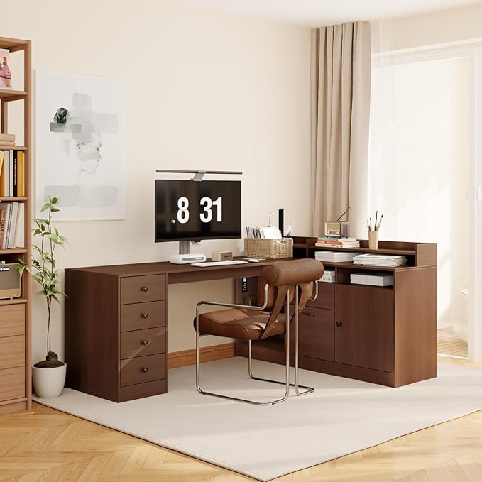 78 L Shape Executive Desk - Large Office Desk with Drawers and Cabinet Storage Business Furniture with Charging Station &amp USB Ports Modern Computer Desk for Home Office Brown