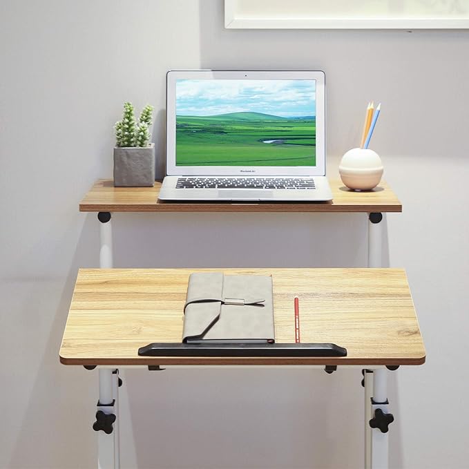 Mobile Standing Desk Adjustable Computer Desk Rolling Laptop Cart on Wheels for Home Office Tall Table for Standing or Sitting Portable Laptop Stand for Small Spaces Oak