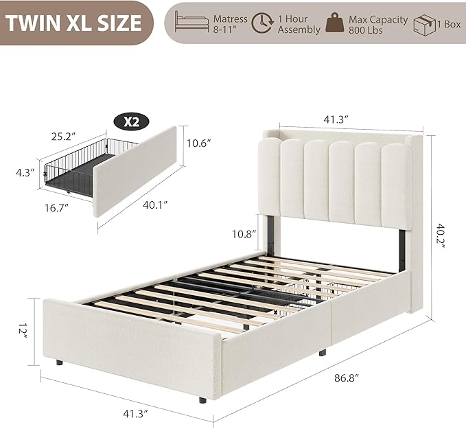 Garvee LED Twin XL Bed Frame with Storage Headboard Kids Bed Frame with 2 Drawers Boucle Upholstered Platform Bed for Girls Chic Wavy Headboard with Bookcase No Box Spring Needed White