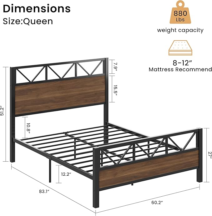 LIKIMIO Queen Bed Frame Tall Industrial Headboard 51.2  Platform Bed Frame with Strong Metal Support Solid and Stable Noise Free No Box Spring Needed Easy Assembly Walnut