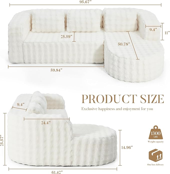 Hobestluk 96 Cloud Sectional Couch Modern Boneless Couch 3 Seater with Oversized Chaise L Shaped Modular Sofa Couches for Living Room Apartment No Assembly Required (Bubble WhiteRight Facing Chaise)