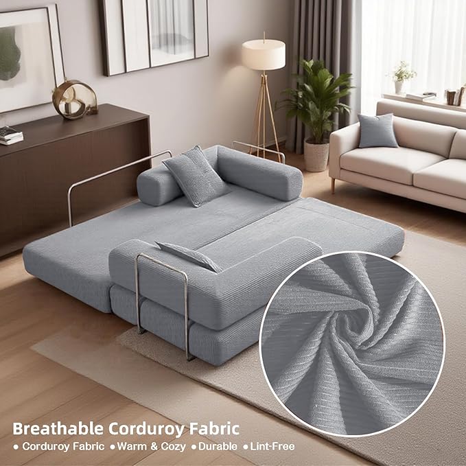 79 Convertible Sofa Bed with 2 Pillows Fixed-Shape Frame Removable Armrests Corduroy Boneless Futon Sofa Bed Modular Foldable Sleeper Couch for Living Room Bedroom Dorm（Beige Grey）