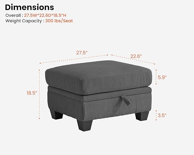 CHIC HOUSE Middle Module for Modular Couch Corduroy Customizable Chaise Storage Ottoman for Sectional Sofa Armrest Single/Double Seater