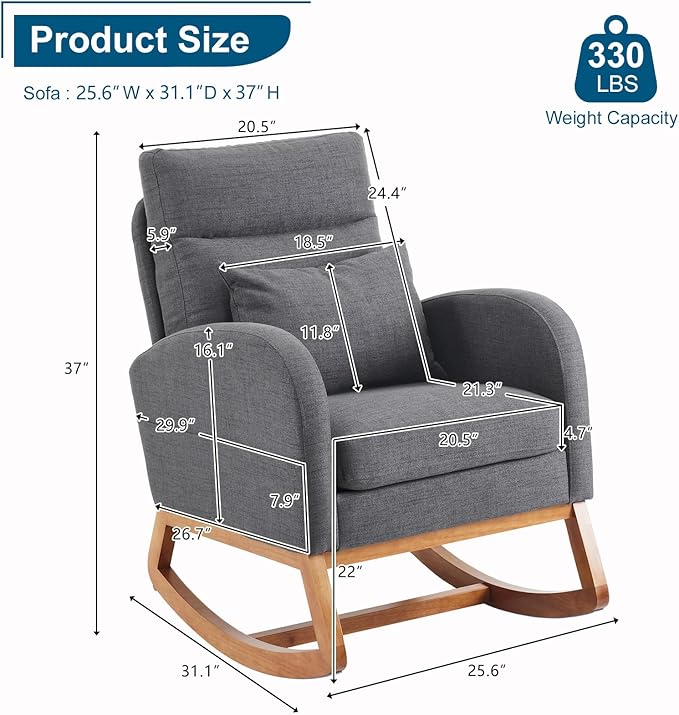 VINGLI Grey Linen Nursery Rocking Chair with Thick Headrest Upholstered Mid-Century Modern Nursing Rocker Glider with Curved Armrest Sturdy Solid Wood Base for Living Room Bedroom Baby Room