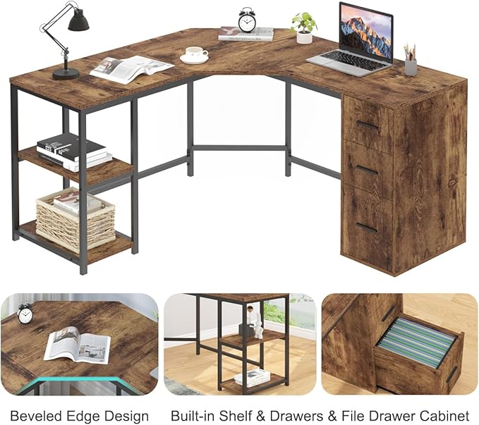 LVB Farmhouse L-Shaped Corner Desk with Drawers Reversible Home Office Executive Desk with Storage Cabinet Shelves Large Wood Metal L Shaped Table for Work Study Writing Gaming Rustic Brown 60 in