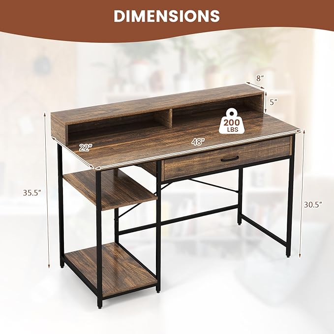 Tangkula Computer Desk with Storage Drawer &amp Monitor Stand 48” Home Office Writing Desk with 2 Open Shelves &amp Compartments Computer Workstation Writing Study Desk with Metal Frame (Rustic Br