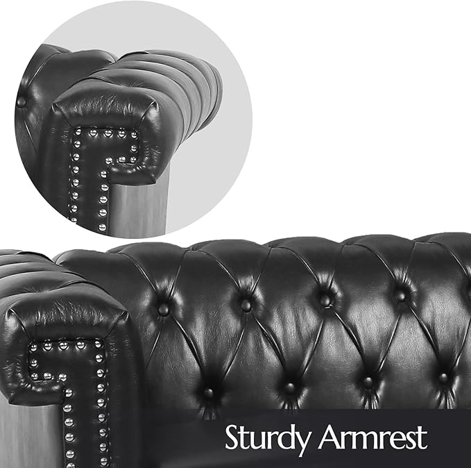 Chesterfield Sofa Black Faux Leather Couches for Living Room Deep Seat Comfy 3-Seater Oversized Couch Button Nailhead Tufted Classic Couches for Bedroom Office Easy to Assemble