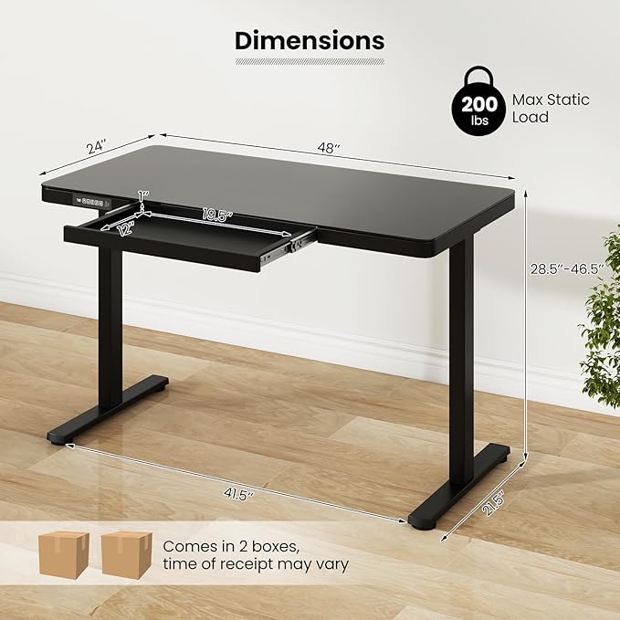Tangkula Glass Standing Desk with Drawer 48” x 24” Height Adjustable Electric Stand Up Desk with Tempered Glass Top Sit Stand Desk with Memory Positions &amp USB Type-C Outlets for Home Office (Bla