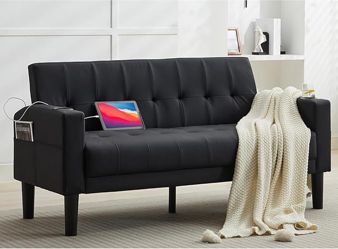 TYBOATLE Sofa Couch 62 W Loveseat w/ 2 USB Charger Ports &amp 2 Cupholders Mid-Century Modern Black Faux Leather Tufted Small Love Seat Couches for OfficeCompact Living RoomBedroomApartmentDorm