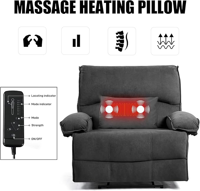 Extra Wide Velvet Manual Recliner Chair for Adults Oversized 27’’ Seat Width Reclining Sofa with Massage and Heating for Big and Tall People Overstuffed Lazy Boy Couch for Living Room Grey