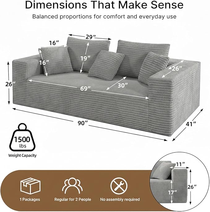 3-Seater Deep-Seat Corduroy Lounge Sleeper Sofa No Assembly Frameless Foam Cloud Couch Comfy Plush for Living Room Bedroom Apartment Dorm Office（Light Gray）