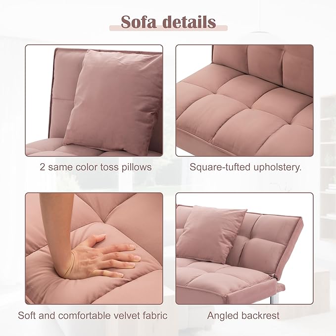 68 Modern Sofa Bed FutonConvertible Sleeper Bed Couch with 4 Reclining BackrestComfy Velvet Cloud Sofa Loveseat for Living Room Bedroom Office (Pink)