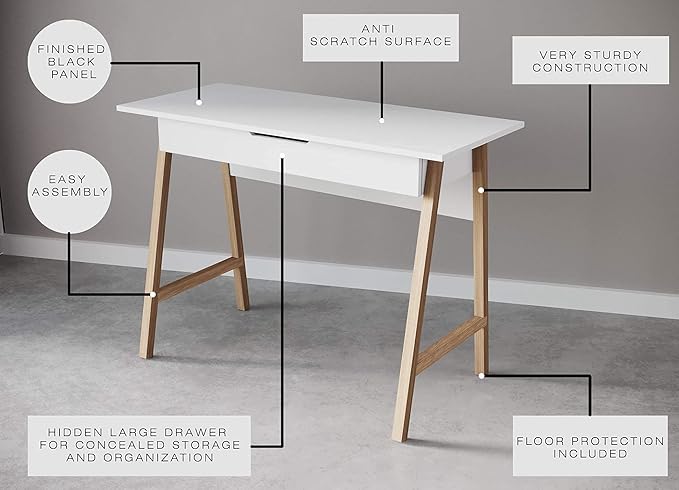 Modern Design Parma Small Desk for Bedroom White Writing Desk 42 Inch with Drawer by Crafts and Comfort