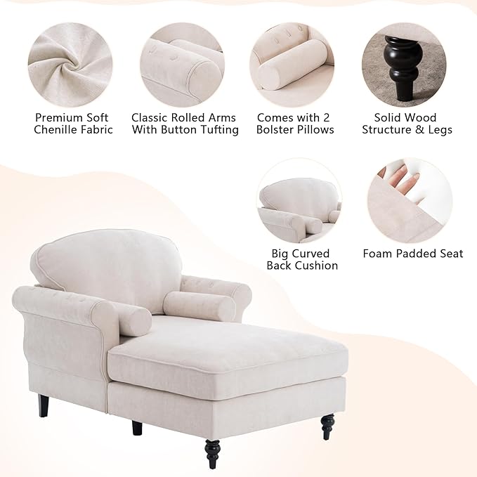 Setawix Chenille Upholstered Chaise Lounger Sleeper Sofa ChairOversized Chaise Lounge Chair Indoor with Rolled ArmsMid Century Modern Lounger Couch for Living Room Bedroom (Beige 43.3 W)