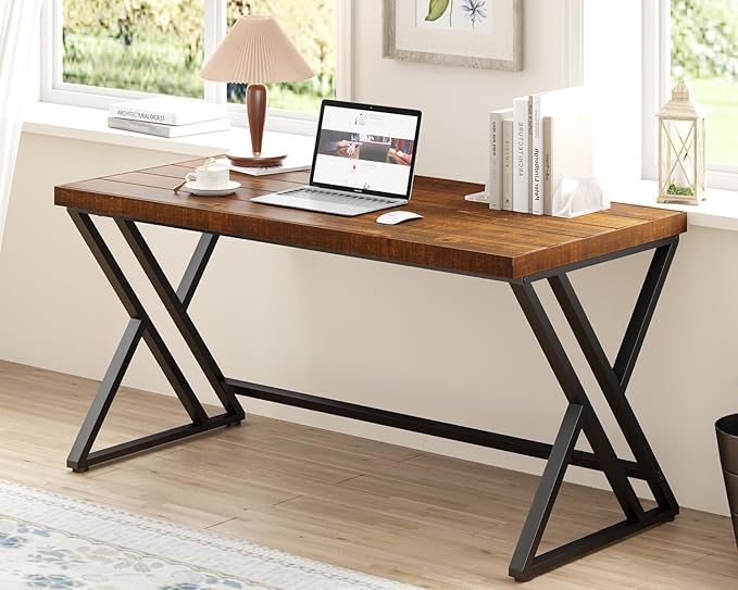 Real Wood Computer Desk Modern Natural Wood Home Office Desk Rustic Solid Wood Work Study Writing Desk Farmhouse Workstation PC Gaming Executive Table for Bedroom Brown 47 inch
