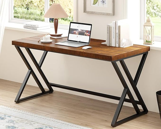Real Wood Computer Desk Modern Natural Wood Home Office Desk Rustic Solid Wood Work Study Writing Desk Farmhouse Workstation PC Gaming Executive Table for Bedroom Brown 47 inch