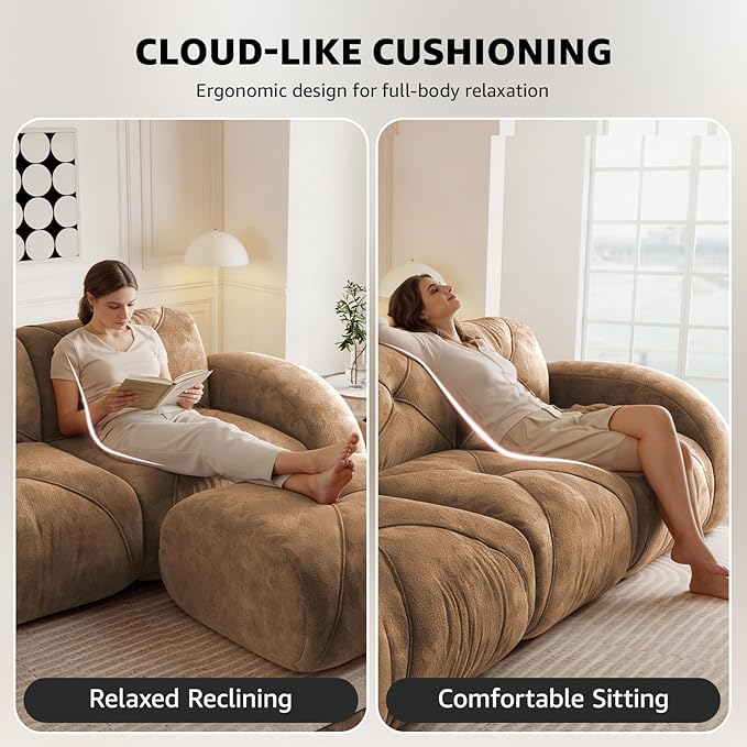 Camel 4-Seater Sectional Couches for Living Room Velvet Fabric Boneless Couch in a Box No Assembly Cloud Modular Sectional Sofa Foam Couch Compressed Sofa Set for Apartment Sofas para Sala