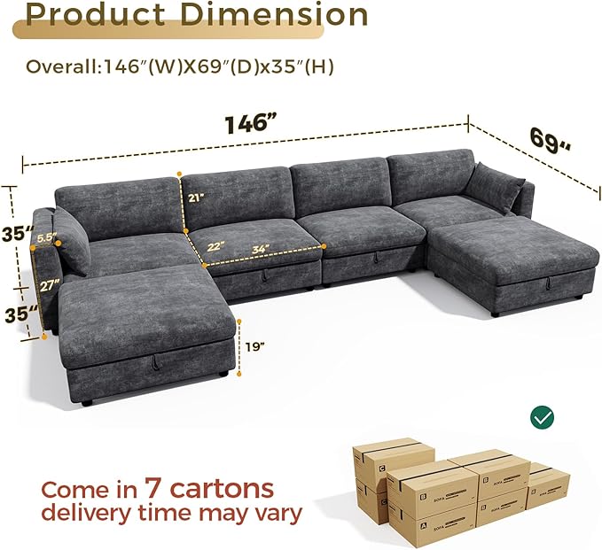 KKL Modular Sectional Couches for Living Room U Shaped Sofa Couch with Adjustable Backrest Chenille 6 Seater Sofa Couch with Convertible Ottoman and Comfy Cushion Grey