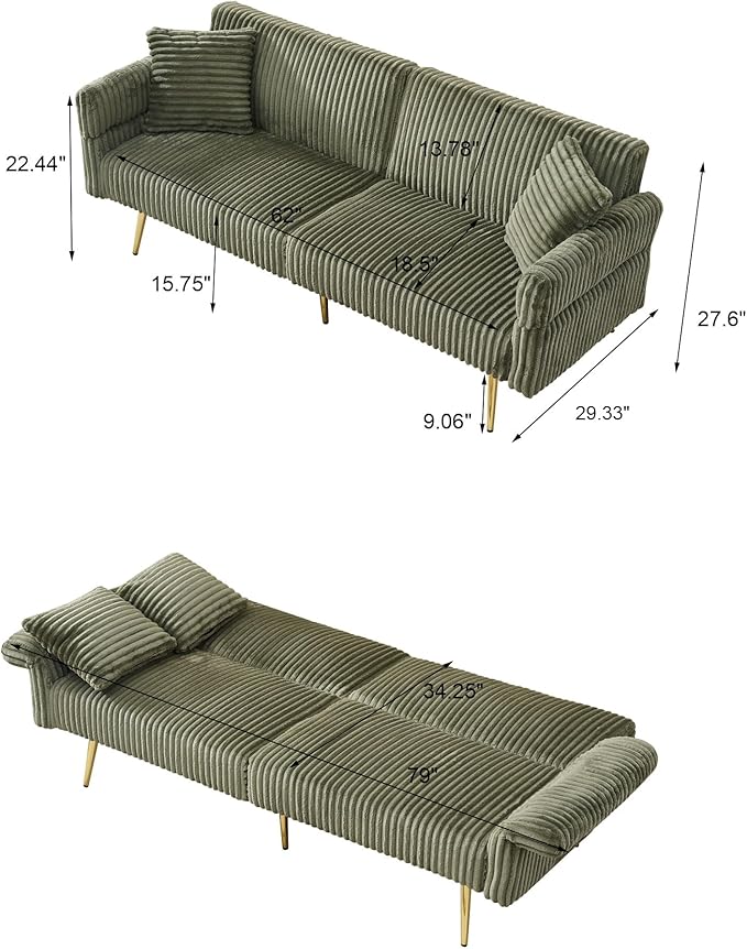 Green 79 Convertible Futon Sofa Bed with Adjustable Backrest &amp Armrests Modern Corduroy Folding Loveseat Sleeper Couches with Two Soft Pillows for Living Room Apartment Office (Green)