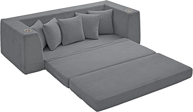 82'' Convertible Sofa Bed 2-in-1 Boneless Sleeper Sofa with Cup Holder &amp Pocket Corduroy Loveseat Sleeper Couch with 5 Pillows Pull Out Couch for Living Room Bedroom (Dark Grey)