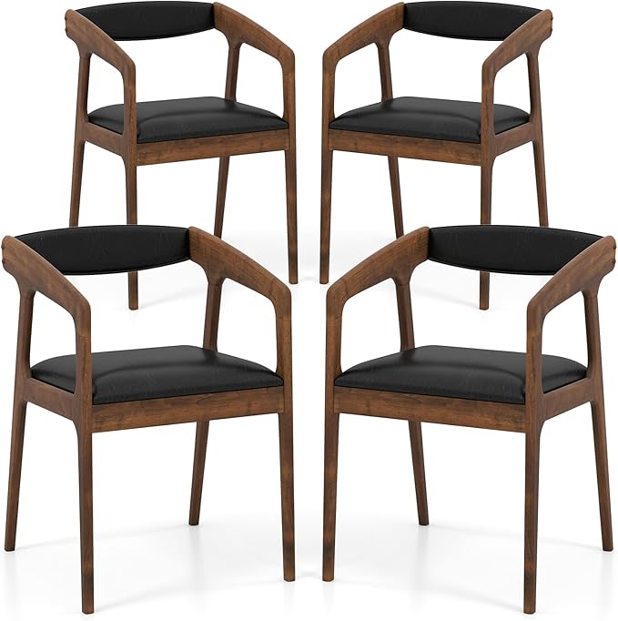 GOFLAME Accent Chairs Set of 4 Mid-Century Modern PU Leather Armchair with Padded Seat &amp Backrest Rubber Wood Frame Upholstered Reading Chair Leisure Chair for Living Room