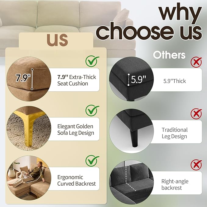 VINGLI 100 W U Shaped Couch with Ottoman 22 Deep Seat Comfortable Sectional Couches for Living Room 3 Seater Chenille Fabric Cloud Sofa for Apartment Small Spaces Bedroom Khaki