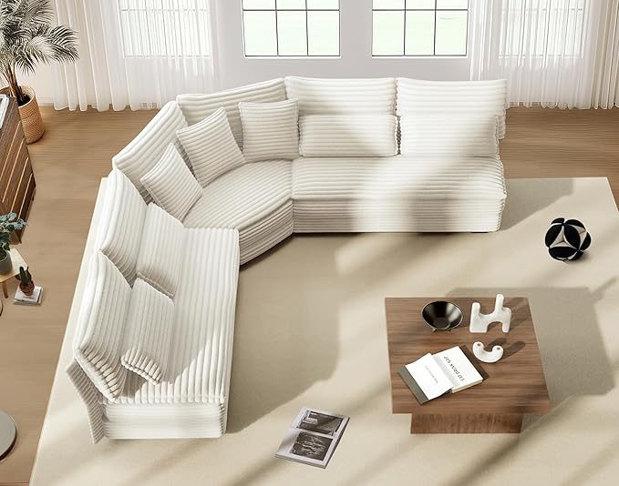 5-Seater Sectional Couch 102 L-Shaped Corner Sofa Oversized Corduroy Cloud Couch with 2-Layer Cushions for Living Room Aparment (White)