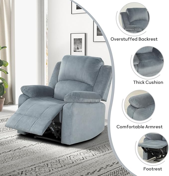 EBELLO Classic Manual Recliner Chair with Soft Padded Headrest and Armrest Overstuffed Recliner Single Sofa Chair for Living Room Bedroom Grey