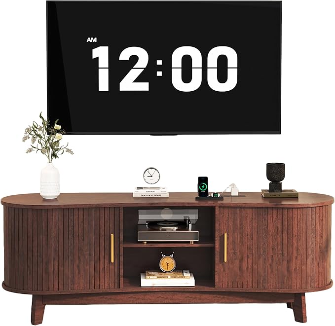 Mid-Century Modern TV Consoles with Sliding Doors 59.4 Fluted TV Stand with Power Outlet and Open Shelves Entertainment Center for Living Room Bedroom Red Brown