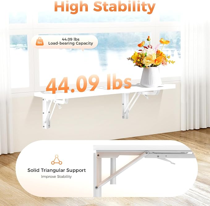 Wall Mounted Desk Floating Wall Desk with Iron Bracket Drop Leaf Table for Small Spaces Wall Mounting Folding Table for Kitchen Laundry Room Home Office White