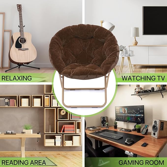 Magshion Folding Saucer Chair for Adults with Ottoman Circle Reading Chair for Bedroom Living Room &amp Dorm Furry Comfy Accent Seat with Metal Leg &amp Thick Padded for Small Spaces (Brown 1 Pa
