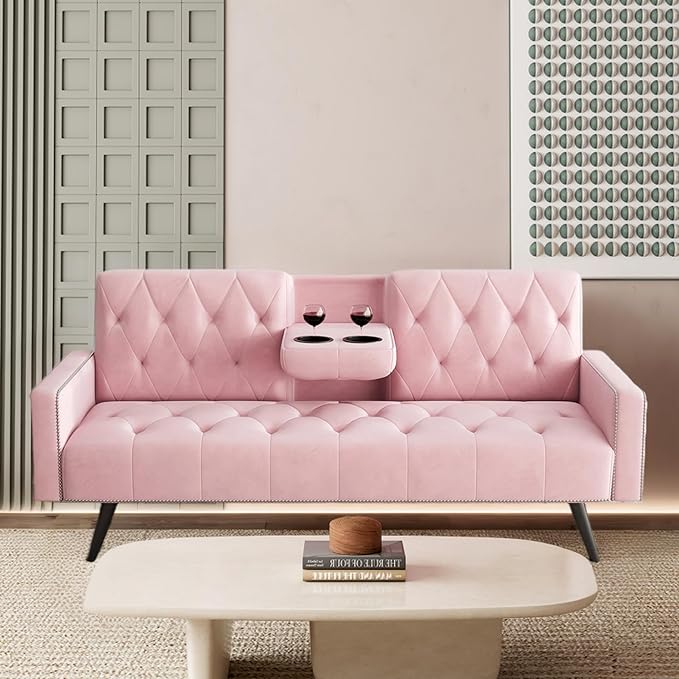 Modern Velvet 2 in 1 Futon Sofa BedConvertible Folding Sleeper Bed Couches with 2 Pillows73 Tufted Recliner Love Seat with Golden Chrome Legs for Living Room Apartment Office (Pink)