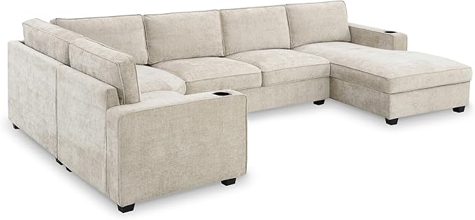 119*67 U Shaped Sectional Sofa6 Seat Chenille Corner Couch Set with Oversized Chaise LoungeIrregular Corner Deep and Wide Seat Comfy Sofa with Cup Holders for Living RoomApartment (Beige-V33)