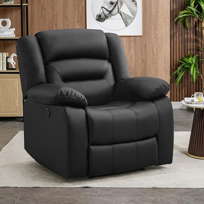 EBELLO Classic Power Recliner Chair Faux Leather Oversized Electric Overstuffed Chair with Soft Cushion and Back Sofa with Comfortable Armchair for Living Room Black