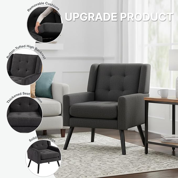 Mid-Century Modern Accent Chair Plush Linen Fabric with Button Tufted High Back &amp 5 Thick Cushion High Comfort Reading Chair for Living Room Bedroom Office (Dark Gray)