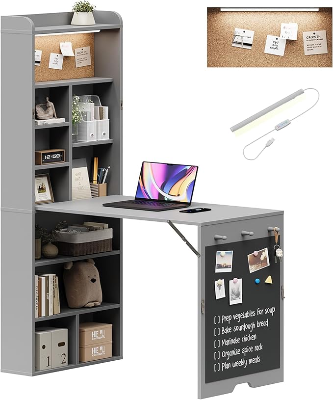 Wall Mounted Foldable Desk with LED and Corkboard Space-Saving Fold Out Convertible Writing Table with Shelves &amp Magnetic Blackboard Floating Murphy Desk Workstation for Home Office Dorm (Gray)