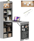 Wall Mounted Foldable Desk with LED and Corkboard Space-Saving Fold Out Convertible Writing Table with Shelves &amp Magnetic Blackboard Floating Murphy Desk Workstation for Home Office Dorm (Gray)