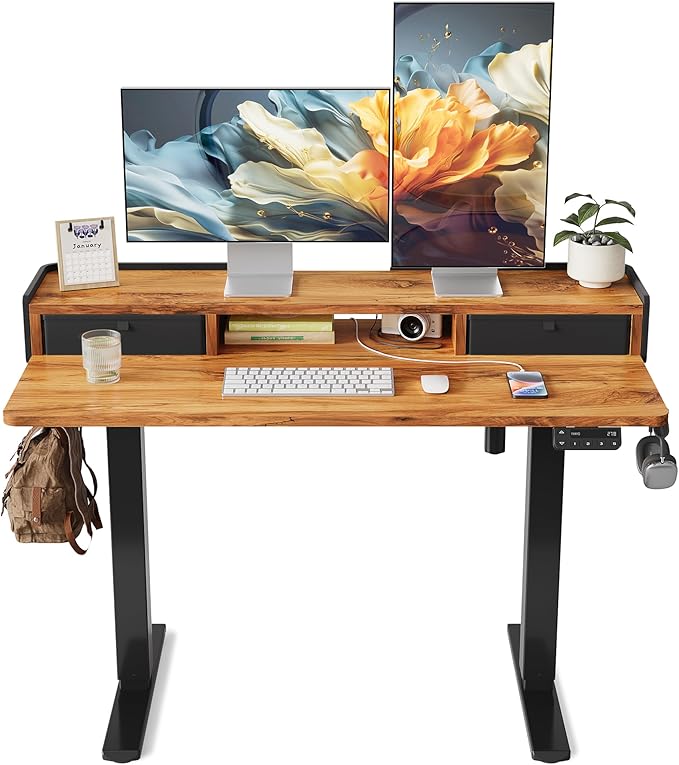 YIHAYO Electric Standing Desk with Drawers 48 x 24 Inches Adjustable Desk with Storage Shelf Stand Up Desk with Splice Board Computer Table for Home Office Black Frame/Rustic Brown Top