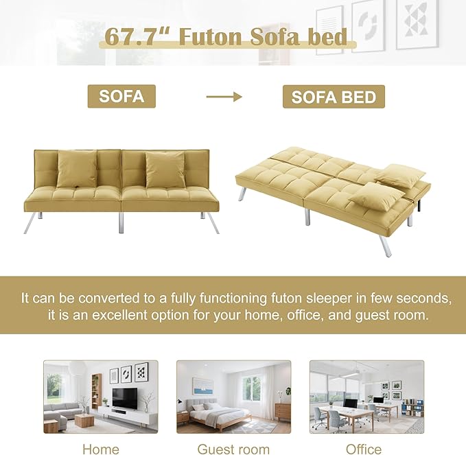 68 Modern Sofa Bed FutonConvertible Sleeper Bed Couch with 4 Reclining BackrestComfy Velvet Cloud Sofa Loveseat for Living Room Bedroom Office (Yellow)