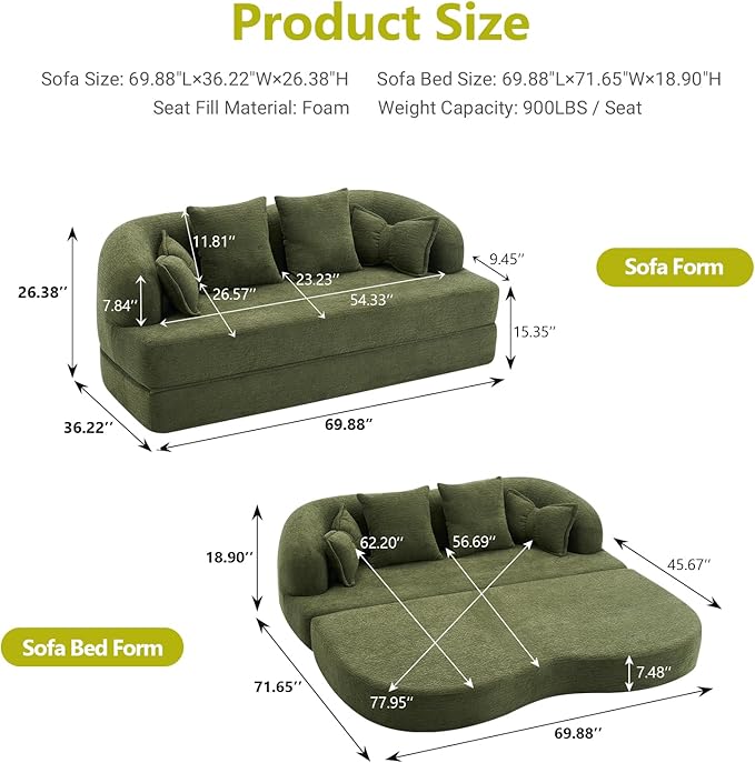 69.9 Folding Sofa Bed Full Sponge Convertible Sofa Bed with Wood Grain Chenille Fabric Easy to Carry Multi-Functional Guest Bed for Living Room Apartment Office