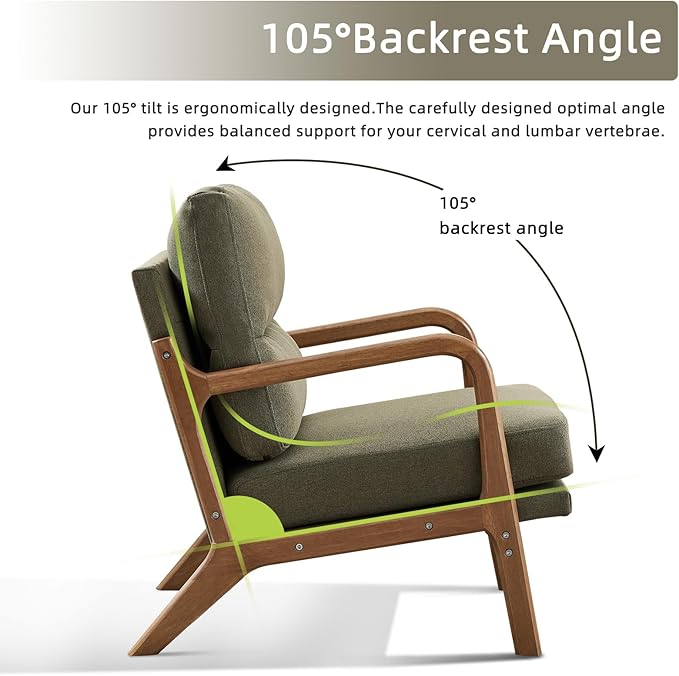 Mid Century Modern Accent Chair Linen Fabric Upholstered Lounge Arm Chair with Solid Wood Frame and Soft Cushion for Living Room Bedroom Balcony (1 Green)